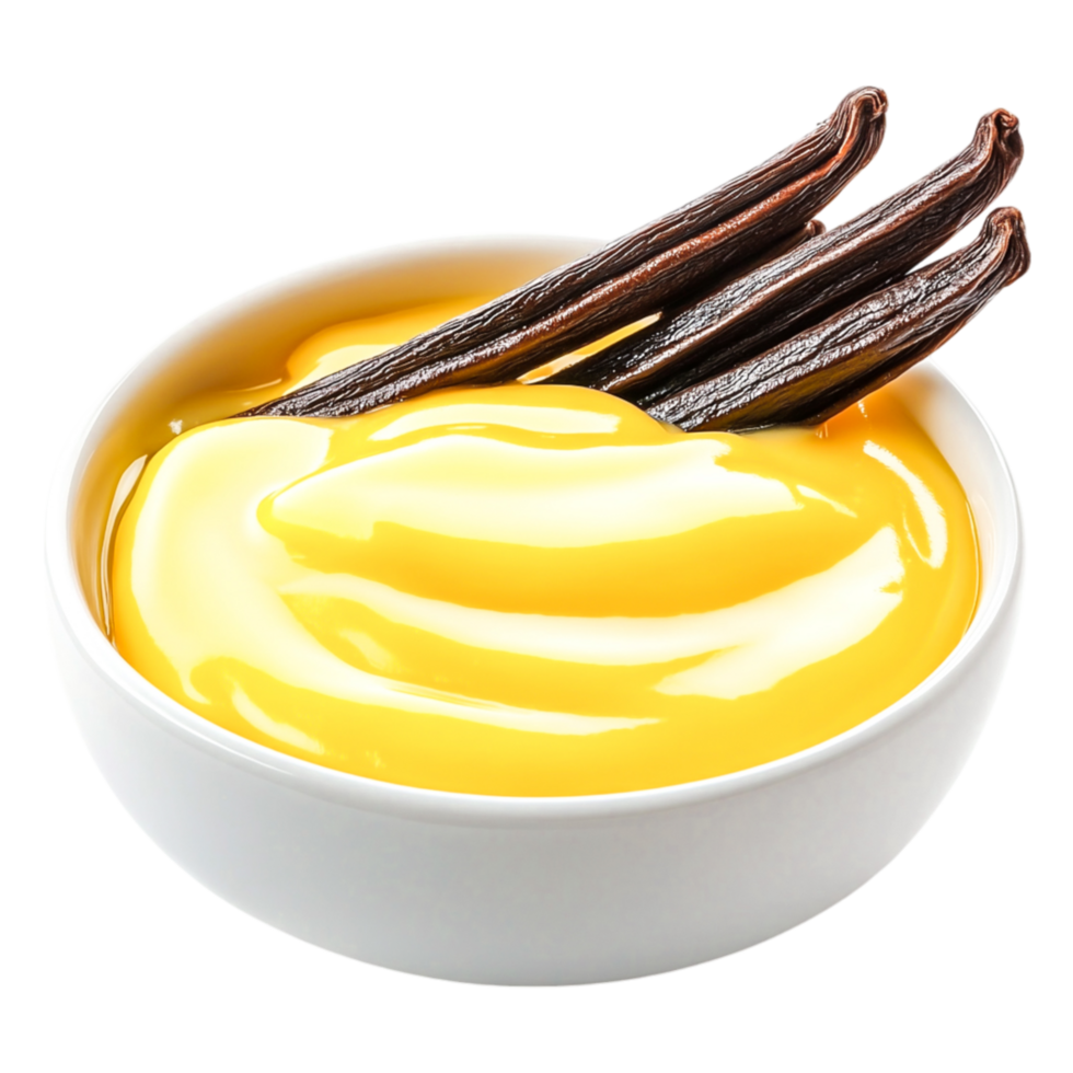 Creamy Yellow Dessert in Bowl with Vanilla Pods on png