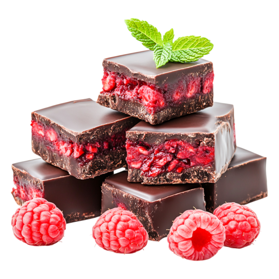 Rich Dark Chocolate Raspberry Treats with Mint Garnish on png