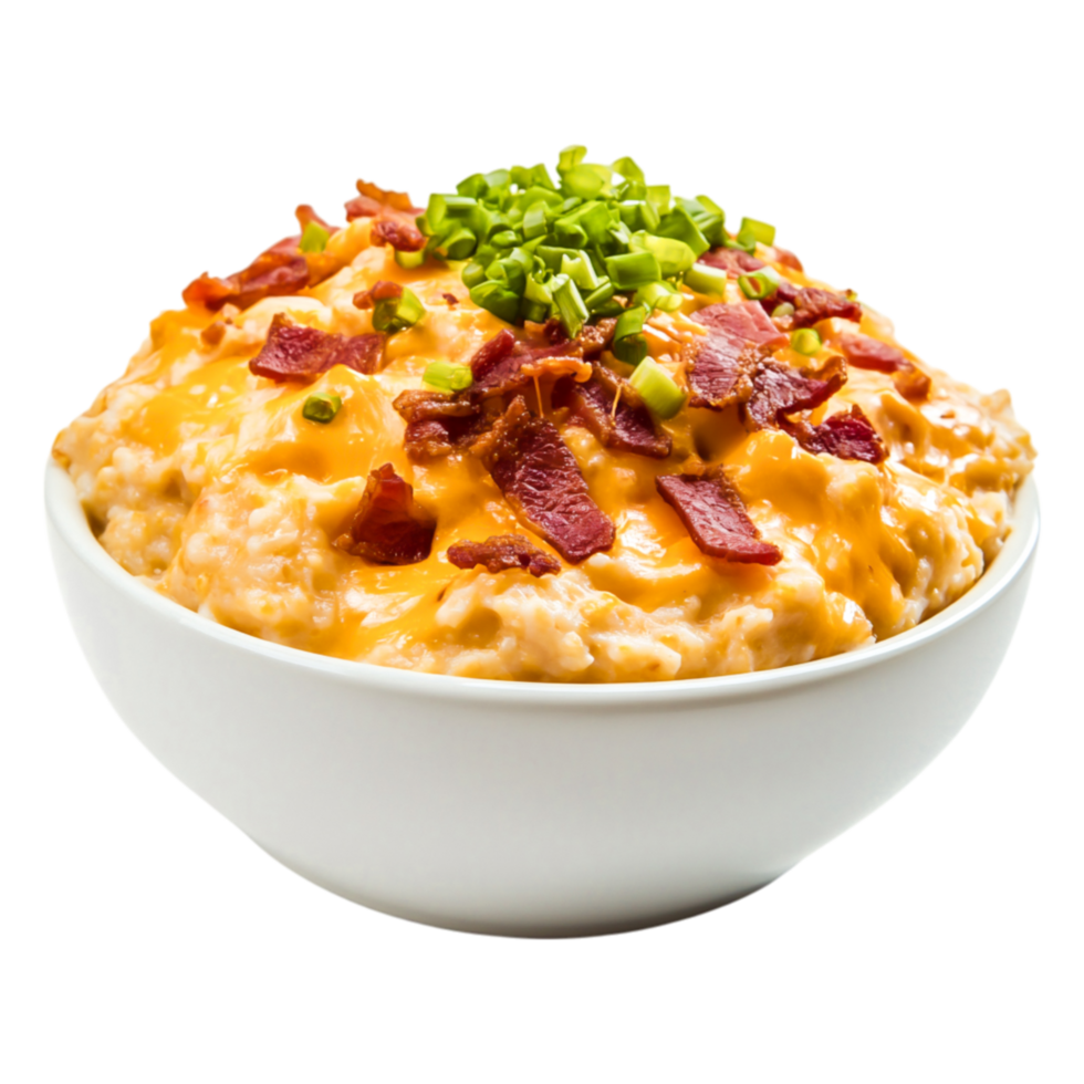 Creamy Cheddar Bacon Potato Soup with Fresh Chives in White Bowl png