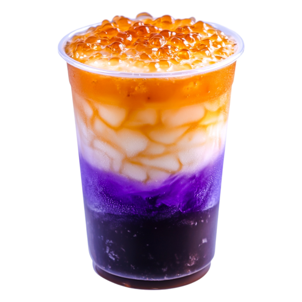 Colorful Beverage with Layers and Toppings in a Clear Plastic Cup png