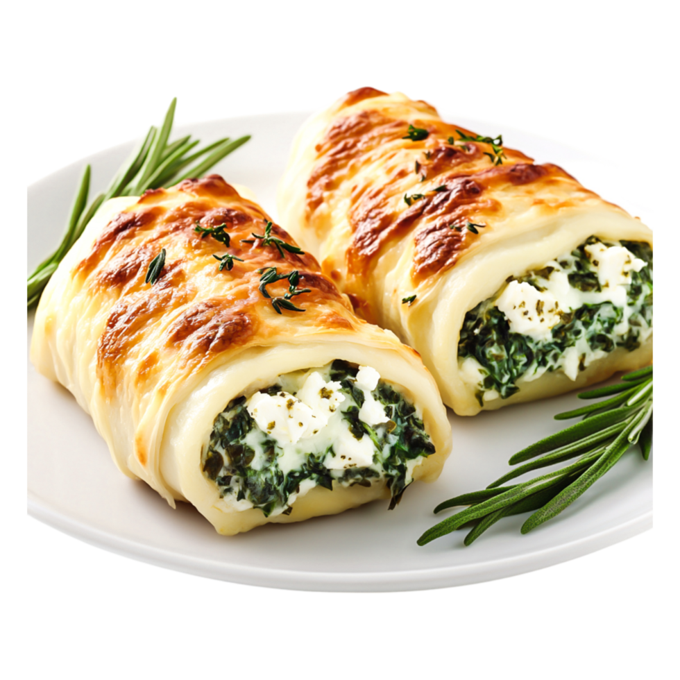 Delicious Spinach and Cheese Stuffed Pastry Rolls with Crispy Golden Crust png