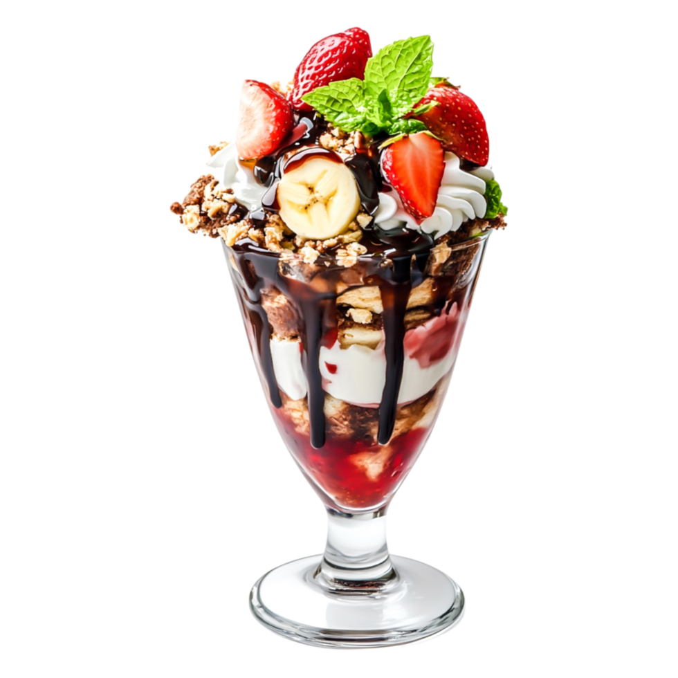 Delicious layered dessert with strawberries, bananas, chocolate sauce and cream png