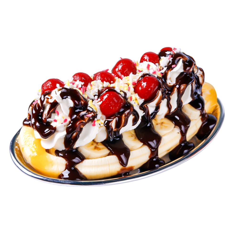 Delicious banana split dessert with chocolate syrup and cherries on top png