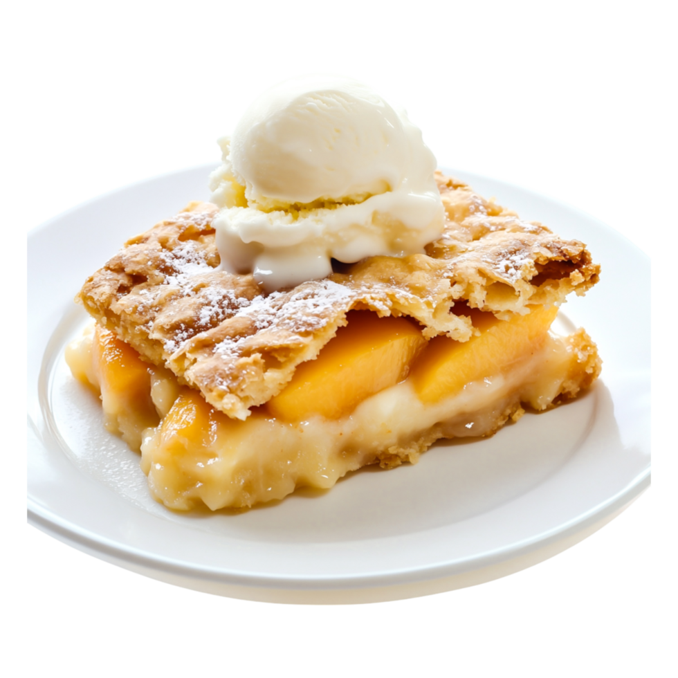 Delicious Peach Cobbler with Flaky Crust and Creamy Ice Cream on Plate png