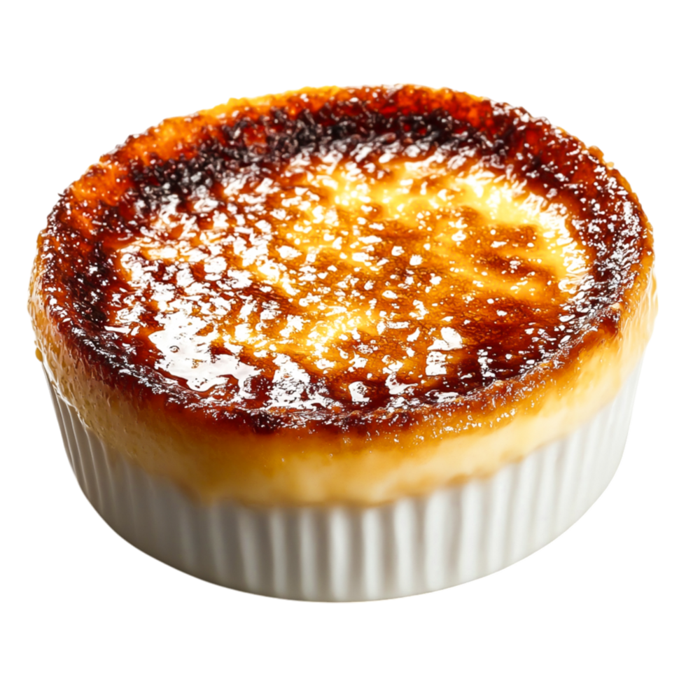 Creamy Caramelized Custard Dessert in a White Ramekin on White Surface png