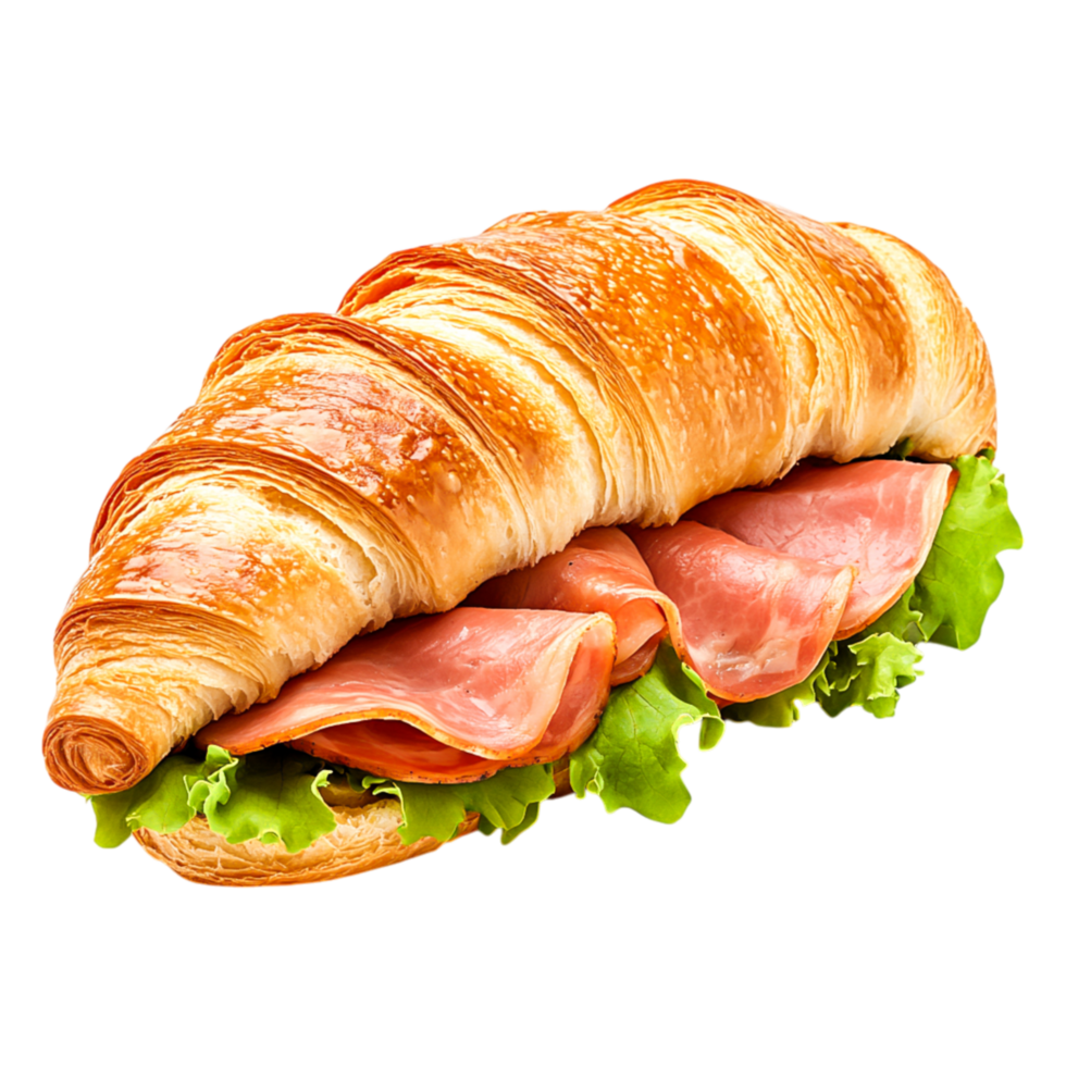 Fresh Croissant Sandwich with Ham and Lettuce, Delicious Morning Snack png