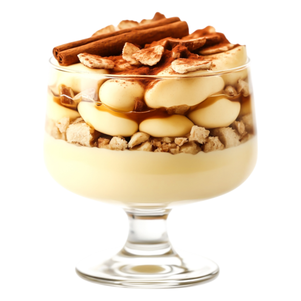 Creamy dessert with layers of custard, cereal, and cinnamon topping png