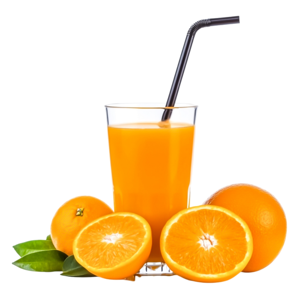 Fresh Orange Juice in Glass with Straw and Sliced Oranges on png