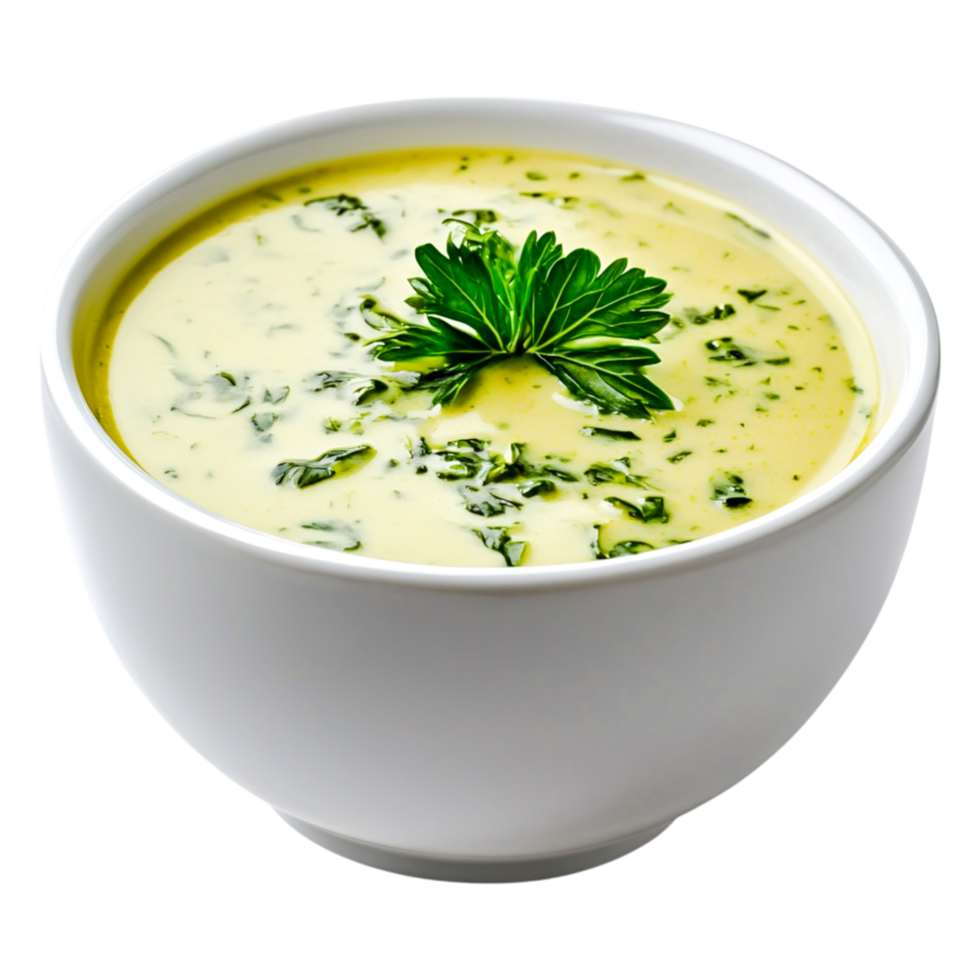 Fresh Creamy Soup with Herbs and Leafy Garnish in White Bowl png