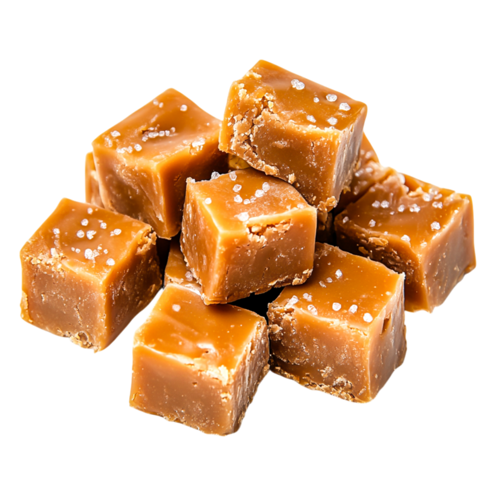 Deliciously Creamy Caramel Fudge Cubes with Sea Salt Crystals Piled Together png