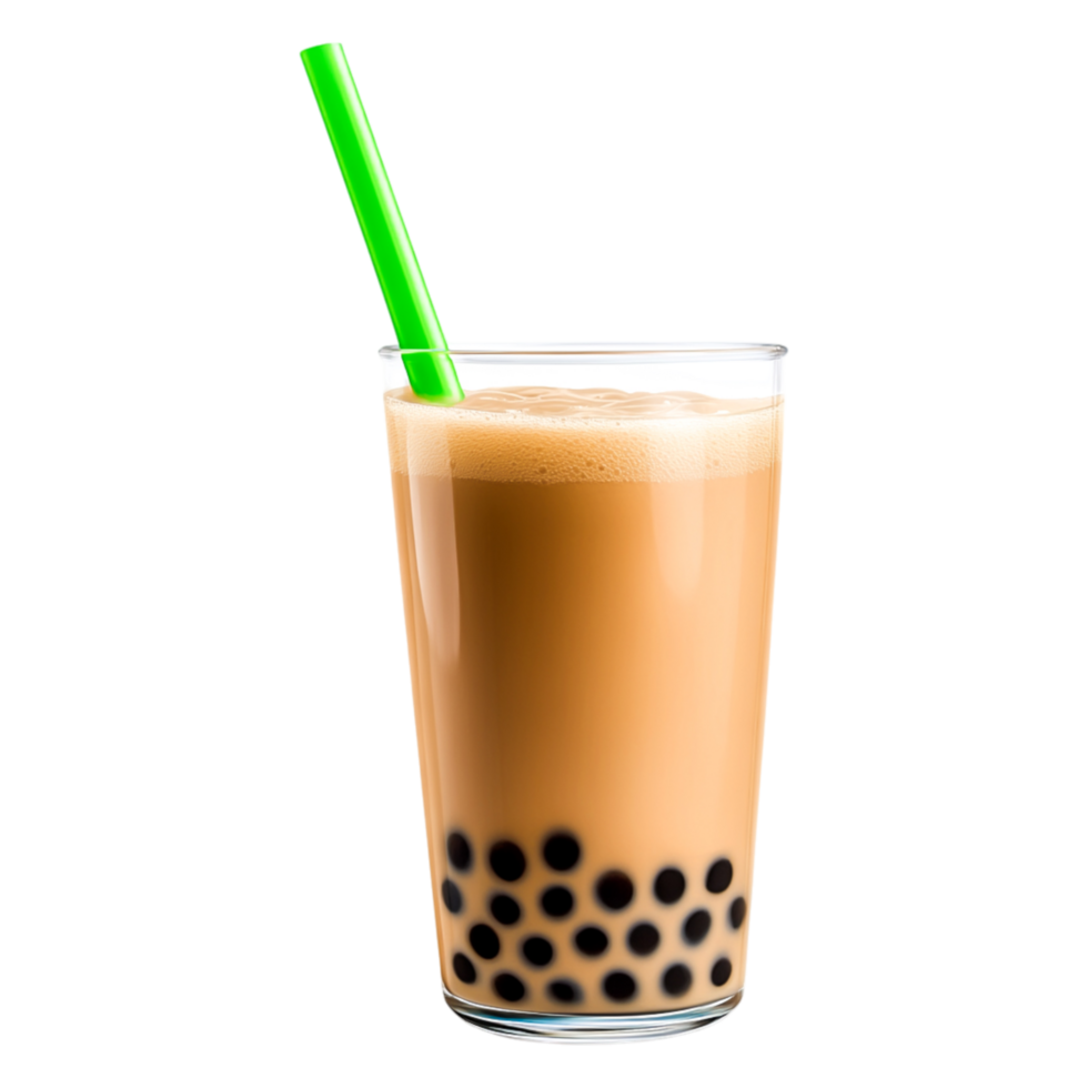 Refreshing bubble tea with creamy milk and tapioca pearls in clear glass png