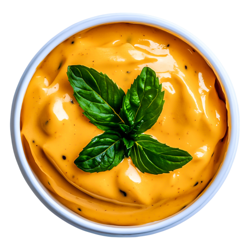 Creamy Orange Sauce with Fresh Basil Leaf Overhead View in White Bowl png