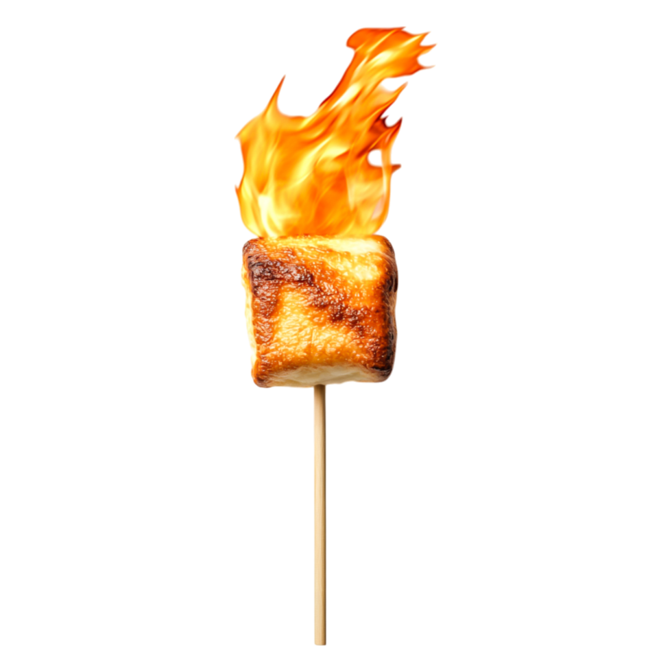 Flaming Marshmallow on Stick over Bright Fire with Smoky Background png