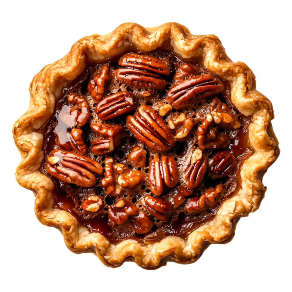 Delicious pecan pie with caramel glaze and crunchy pecans on top png