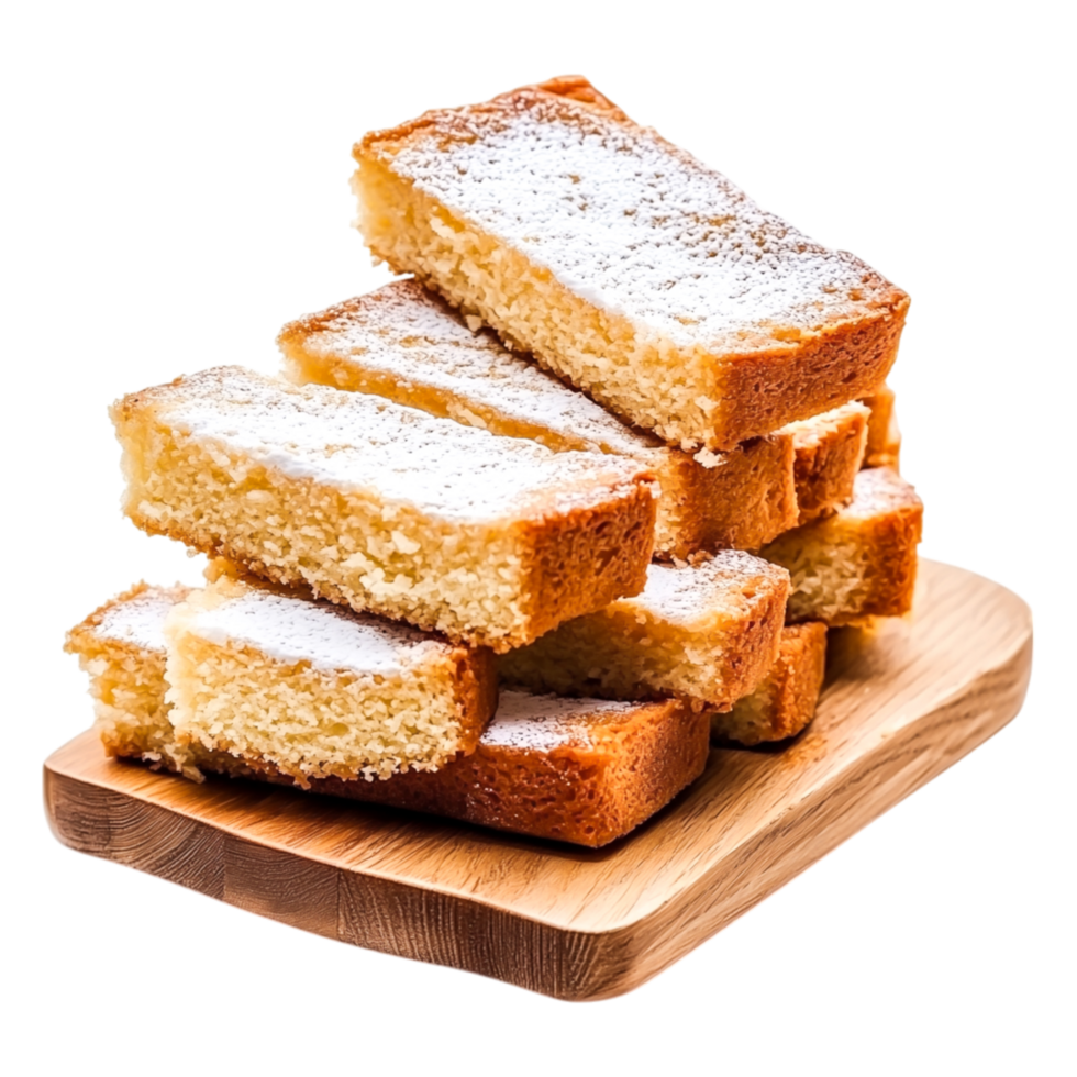 Freshly Baked Sweet Cake Slices on Wooden Board with Icing Sugar Dusting png