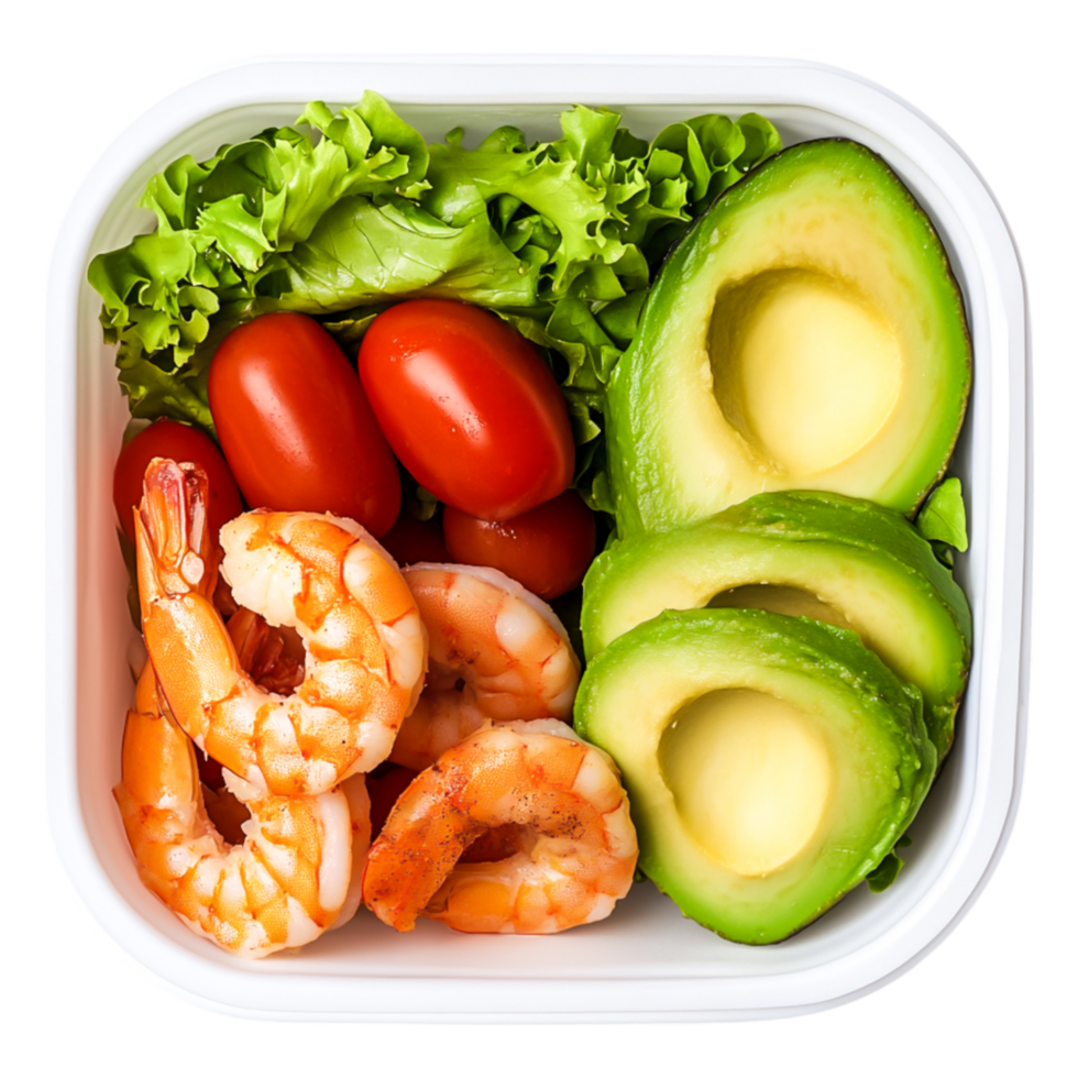 Fresh Shrimp, Avocado, and Cherry Tomato Salad in a Takeout Container png