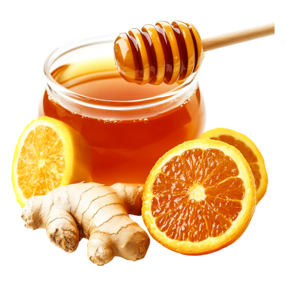 Fresh Honey with Ginger Root and Orange Slices in Bright Light Setting png