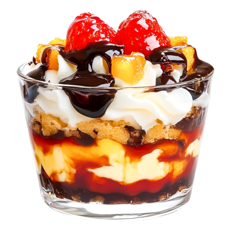Delicious Layered Dessert with Vanilla Cream, Strawberries, and Chocolate Sauce png