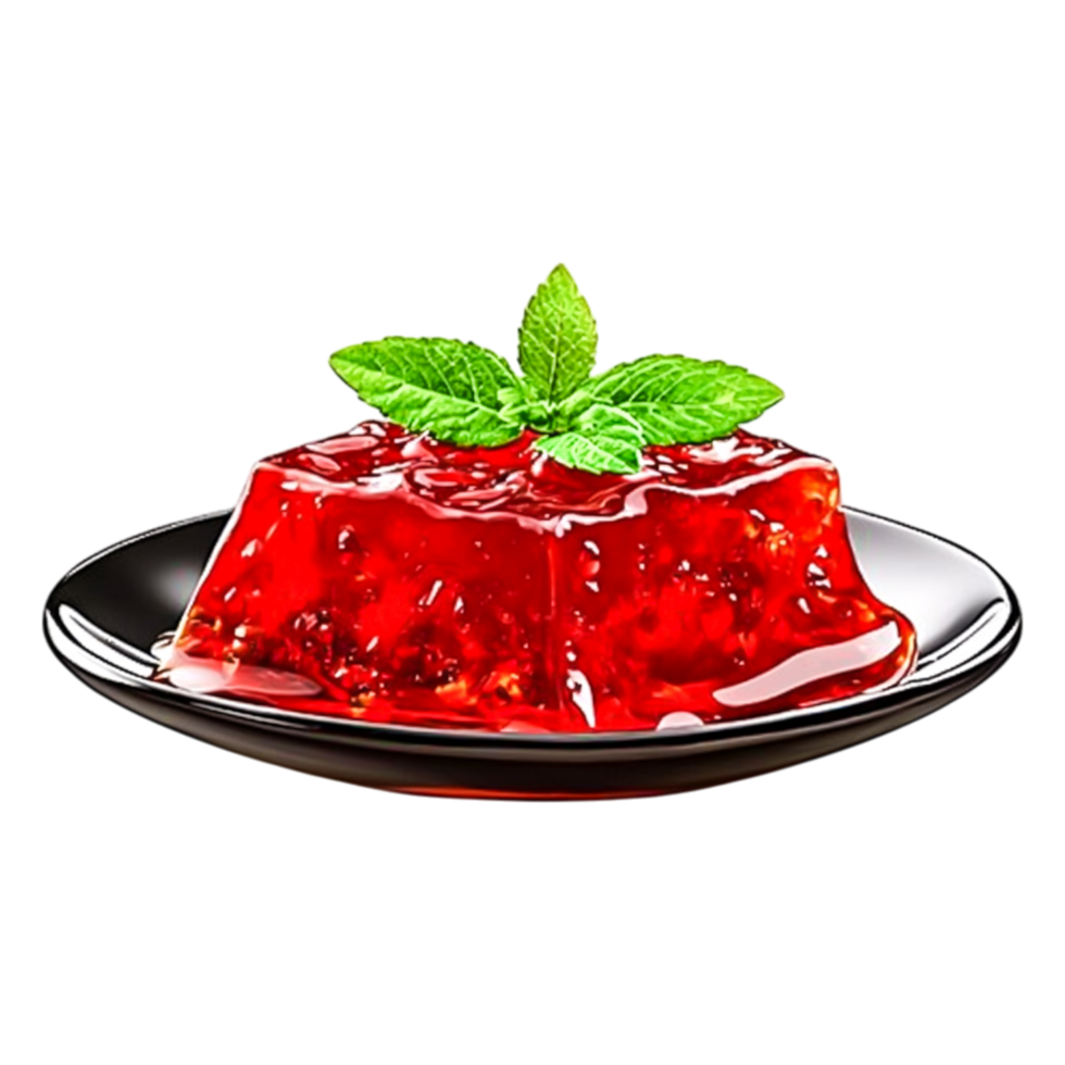 Bright Red Gelatin Dessert with Fresh Mint Leaves on Black Plate png