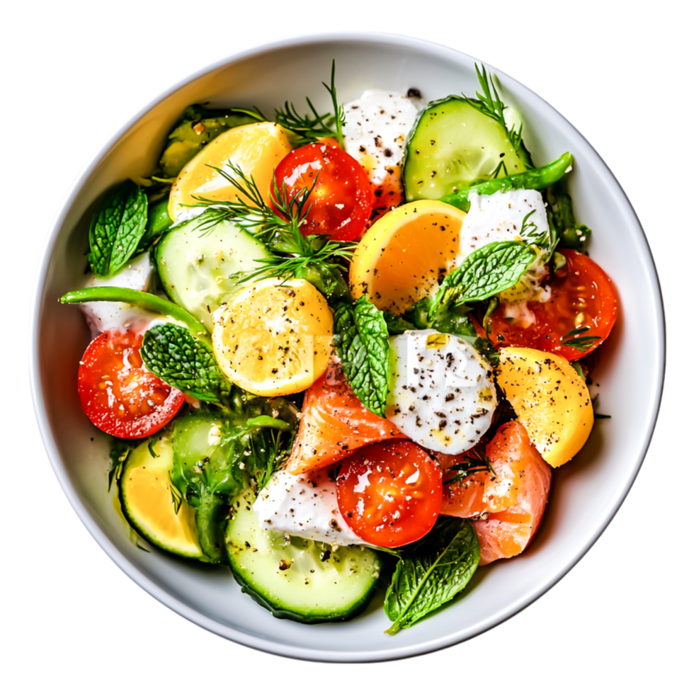 Fresh Colorful Salad with Tomatoes, Cucumbers, and Herbs in a Bowl png