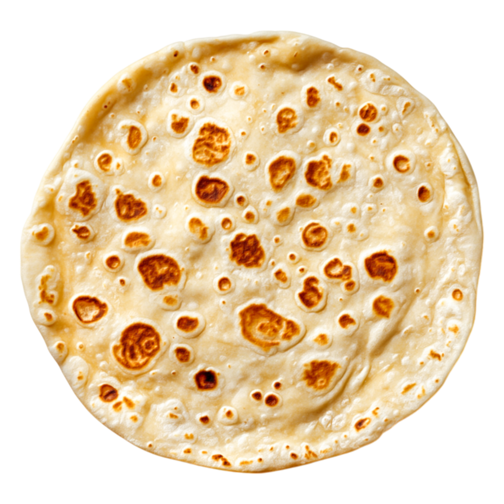 Freshly Cooked Round Flatbread with Golden Brown Spots on Surface png