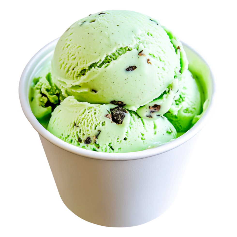 Fresh Mint Chocolate Chip Ice Cream in White Cup with Texture and Detail png
