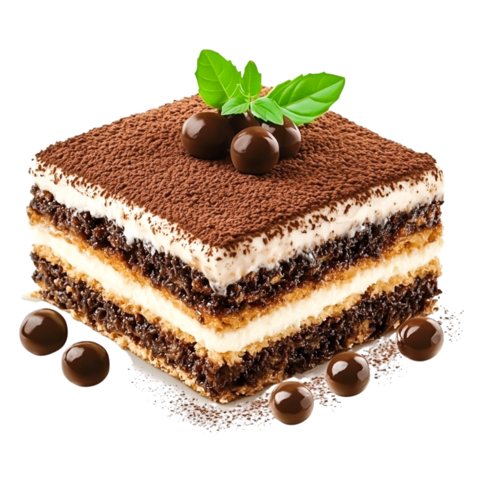 Delicious Tiramisu Dessert with Chocolate and Mint Garnish png