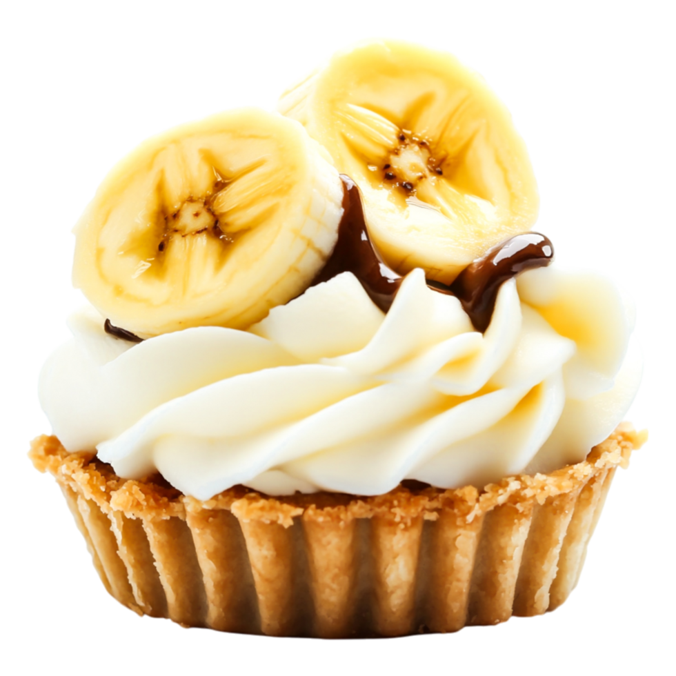 Creamy Banana Cupcake with Chocolate Drizzle and Biscuit Crust png