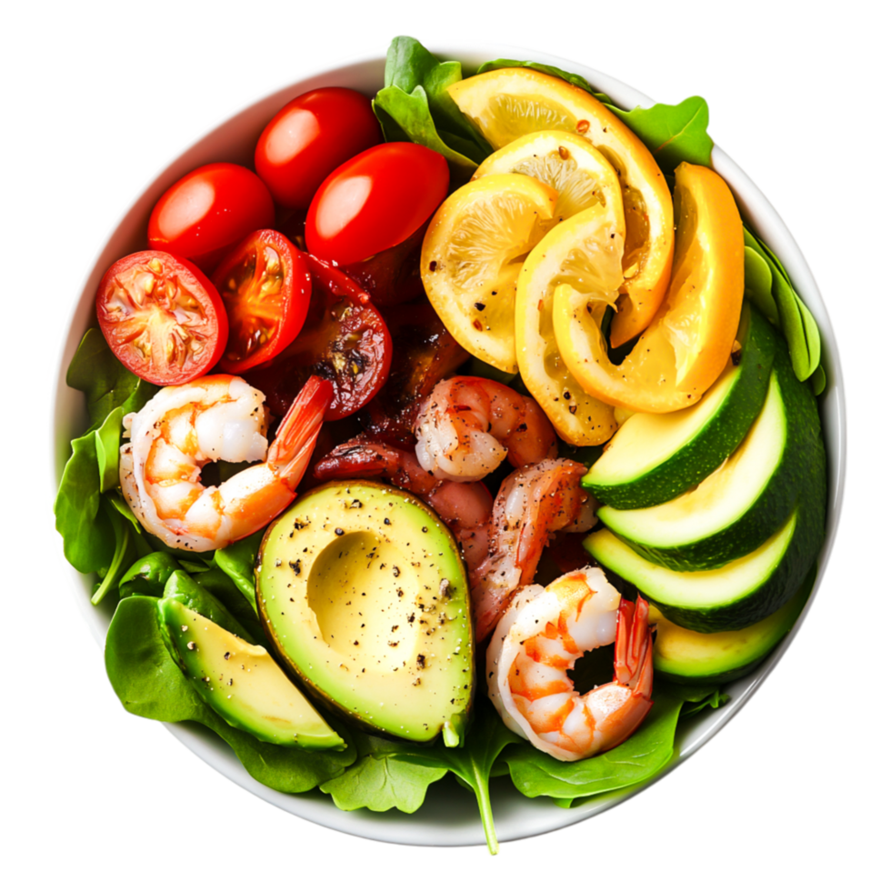 Fresh Salad Bowl with Shrimp, Avocado, Lemon, Cherry Tomatoes, and Greens png