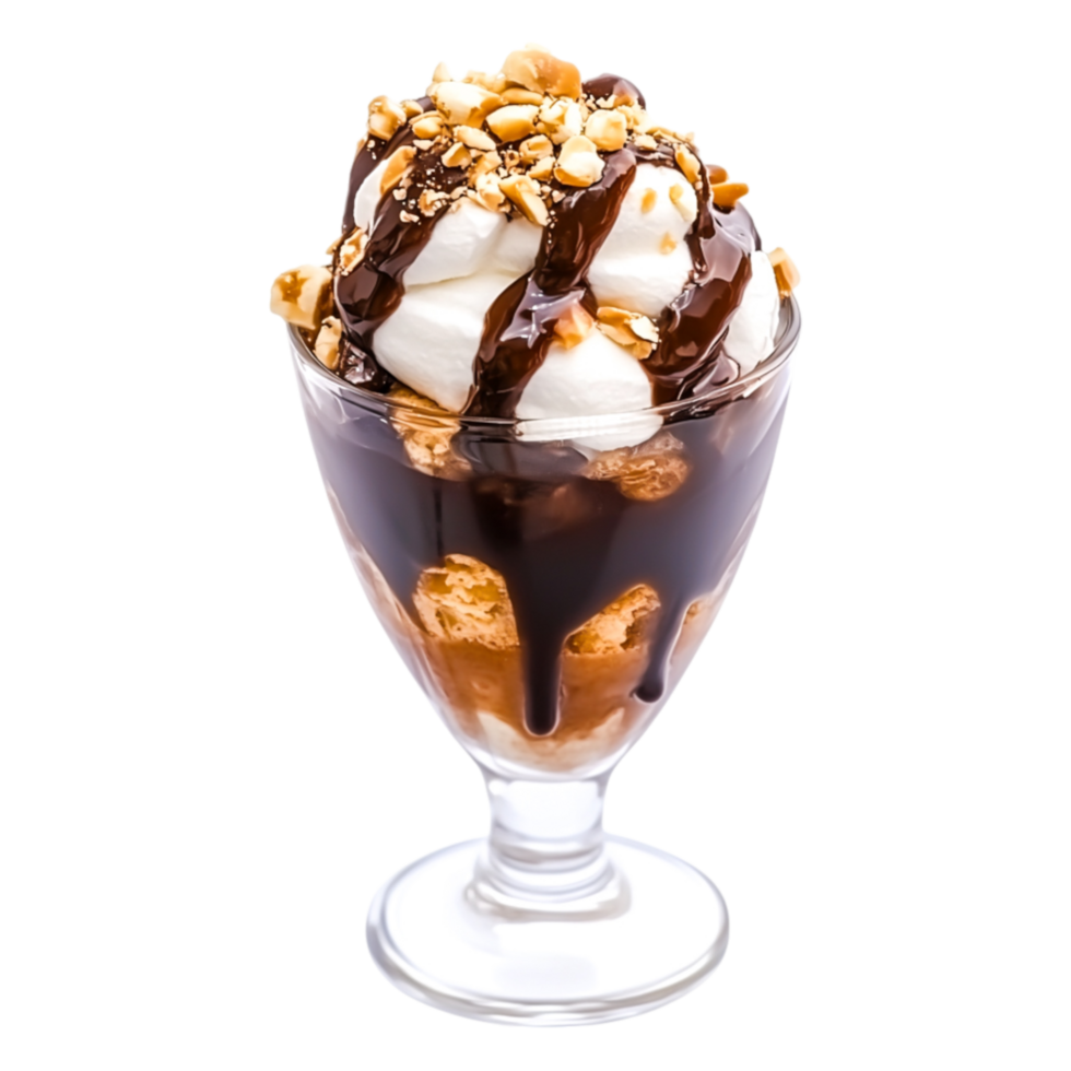 Delicious Chocolate Sundae with Ice Cream, Nuts, and Whipped Cream Topping png