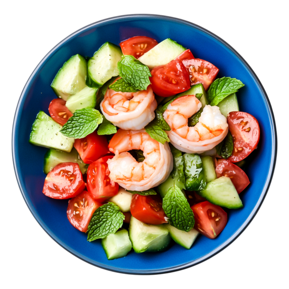 Fresh Shrimp Salad with Sliced Cucumbers and Cherry Tomatoes in Bowl png