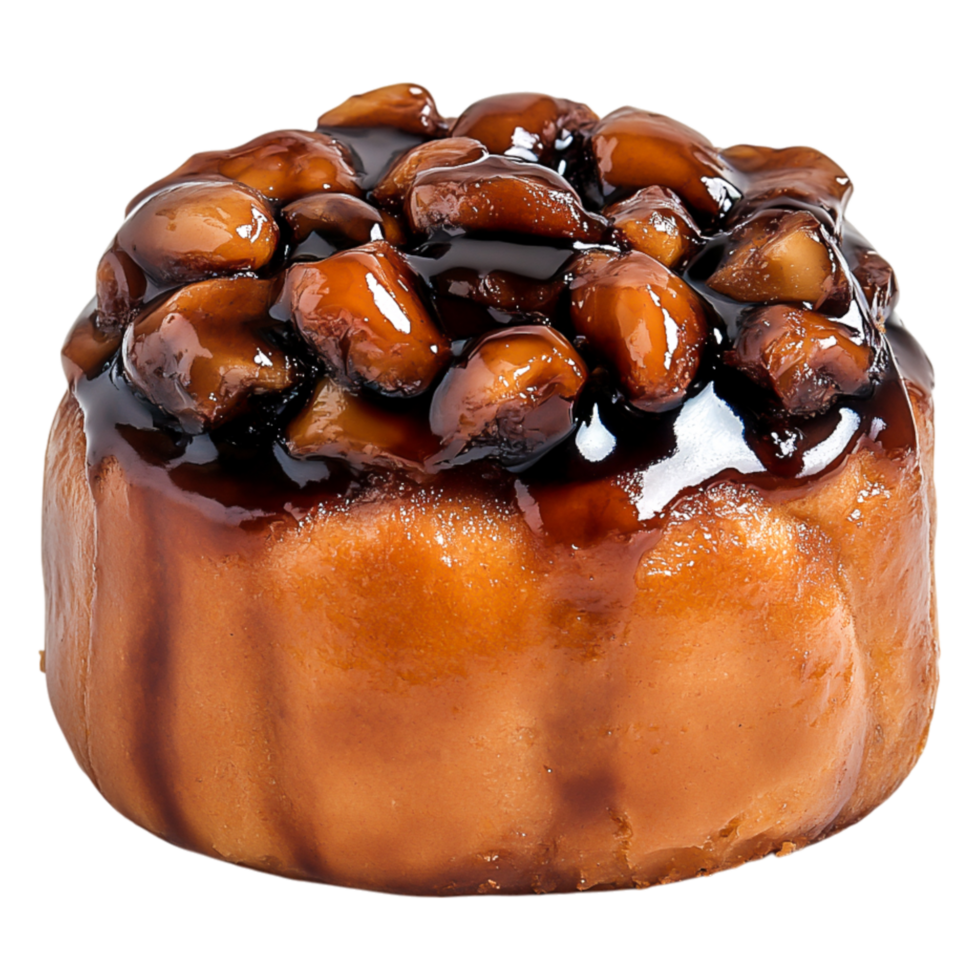 Deliciously Glazed Cinnamon Bun with Nuts and Caramel Drizzle on Top png