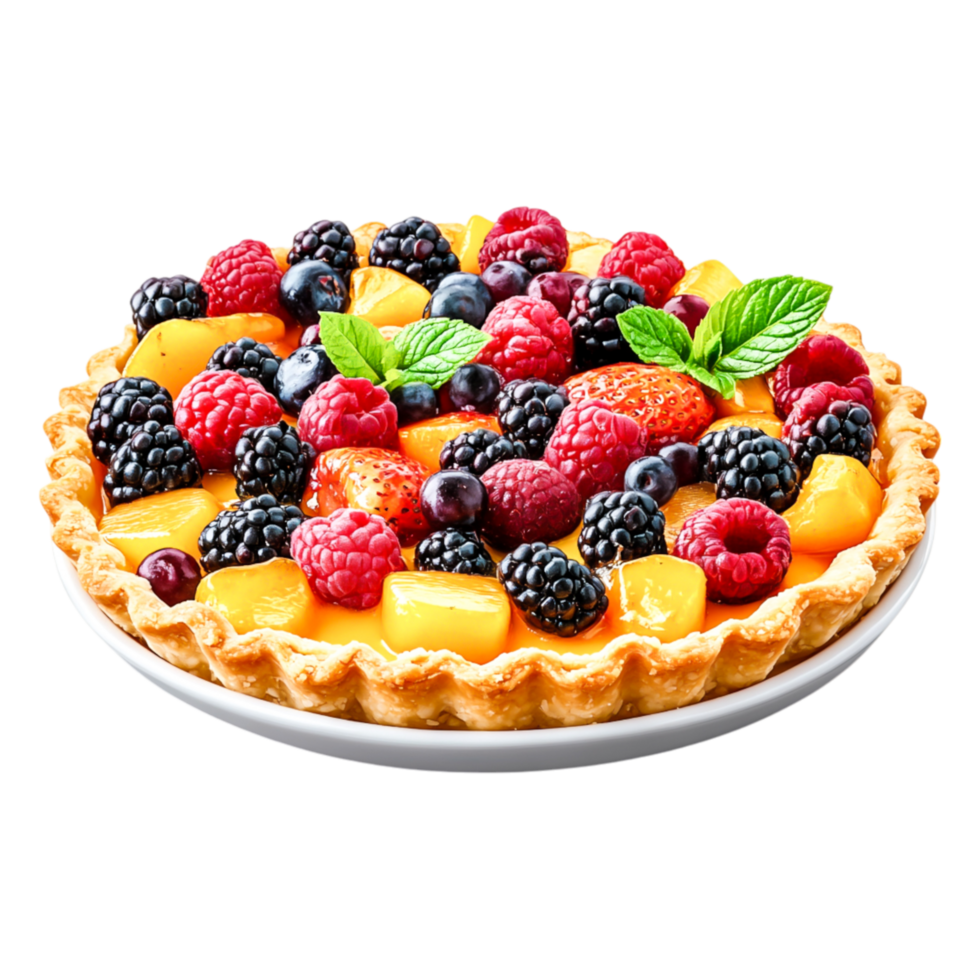Delicious fruity tart with colorful berries and tropical fruits garnish png