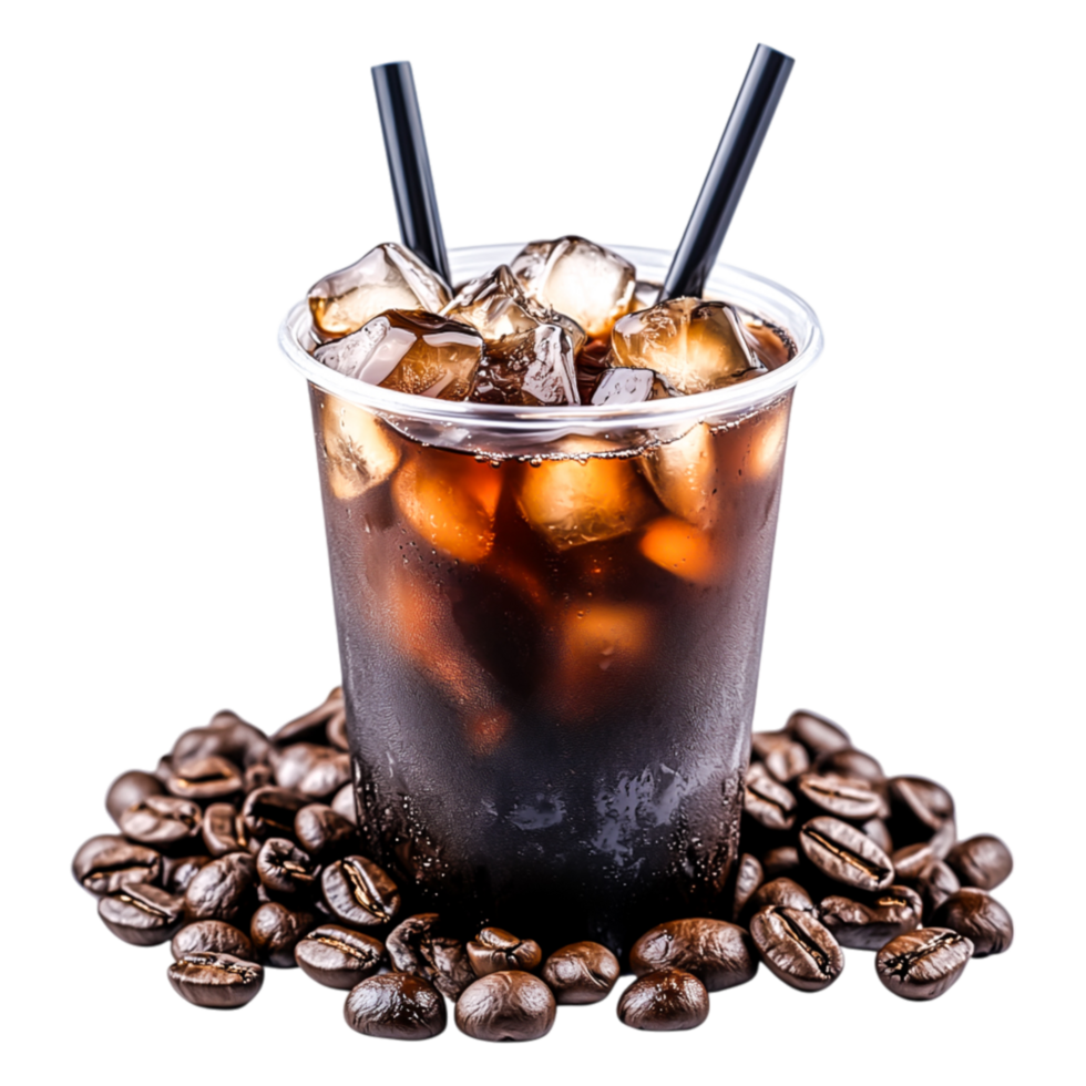 Refreshing Cold Brew Coffee in Clear Cup with Ice and Coffee Beans Surrounding png