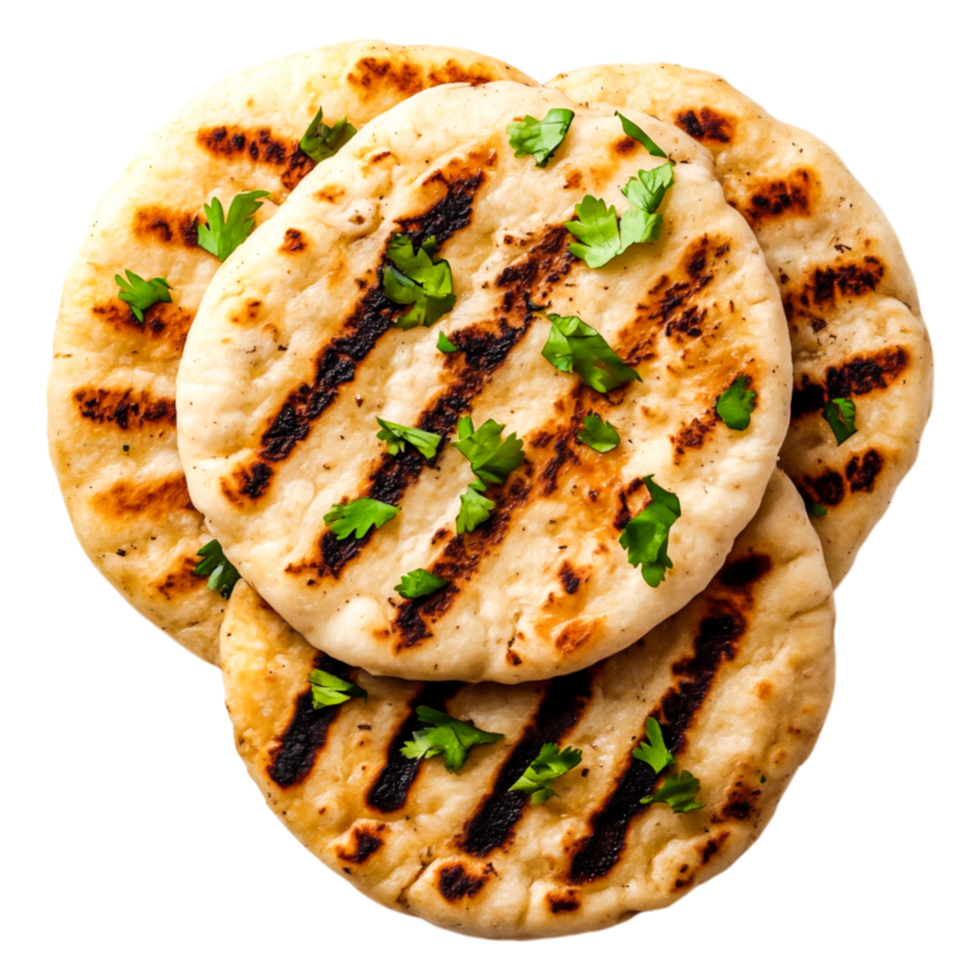 Grilled Flatbreads with Fresh Herbs on Rustic Wooden Background png