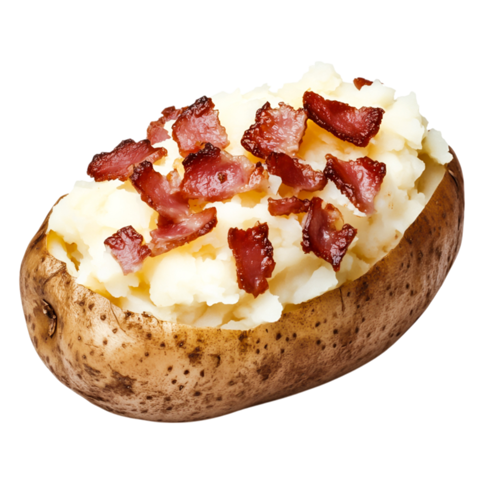Baked Potato Topped with Creamy Mashed Potatoes and Crispy Bacon Bits png