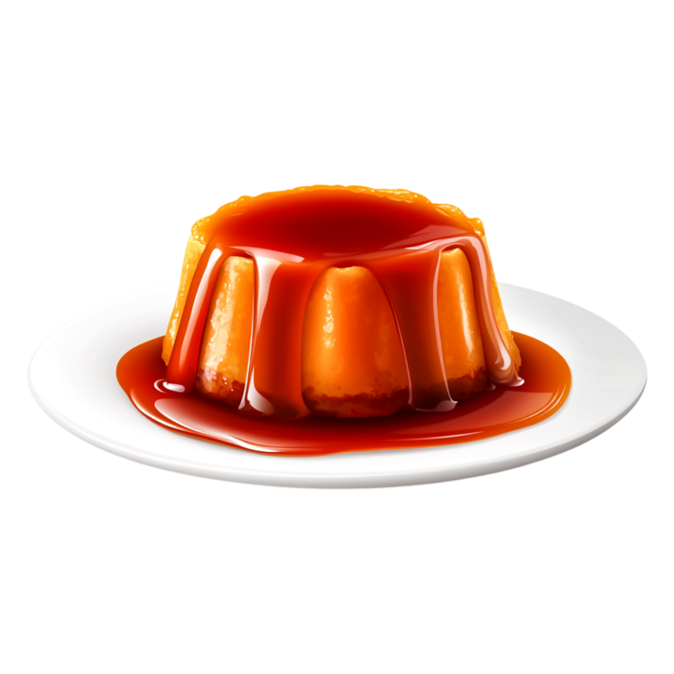 Creamy caramel dessert on white plate, rich and silky texture, inviting png
