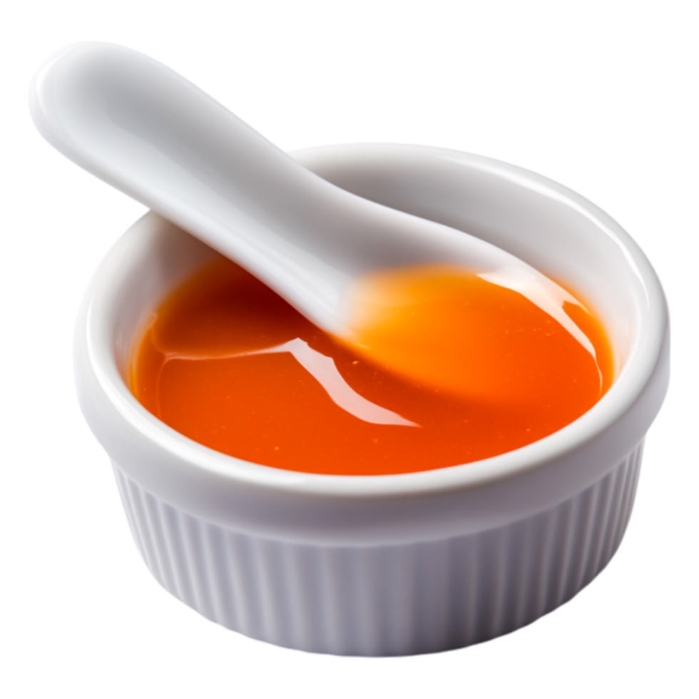 Bright Orange Sauce in Small White Dish with Spoon Ready for Serving png