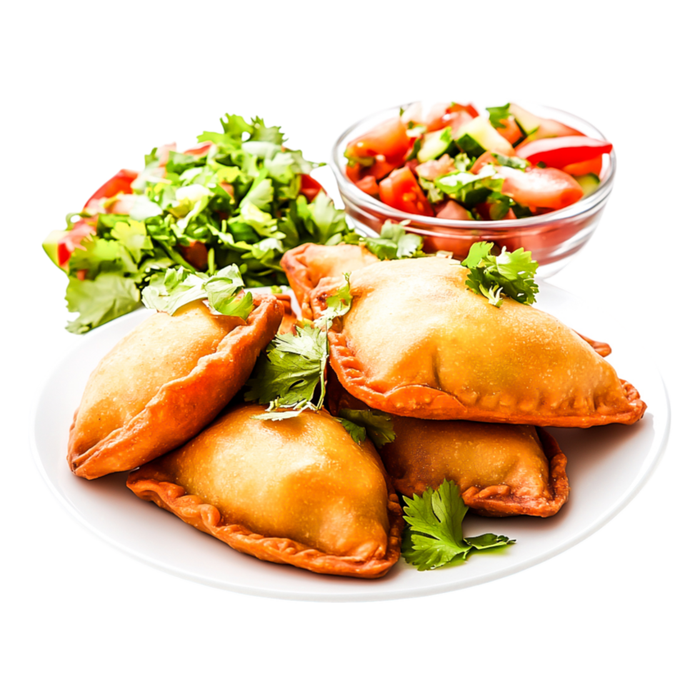 Delicious golden empanadas served with fresh salsa and chopped cilantro png