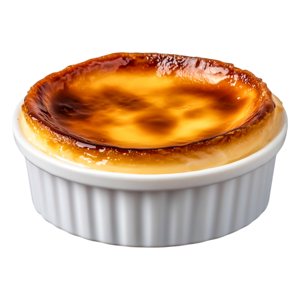Creamy Custard Dessert with Caramelized Top in White Ramekin Dish png