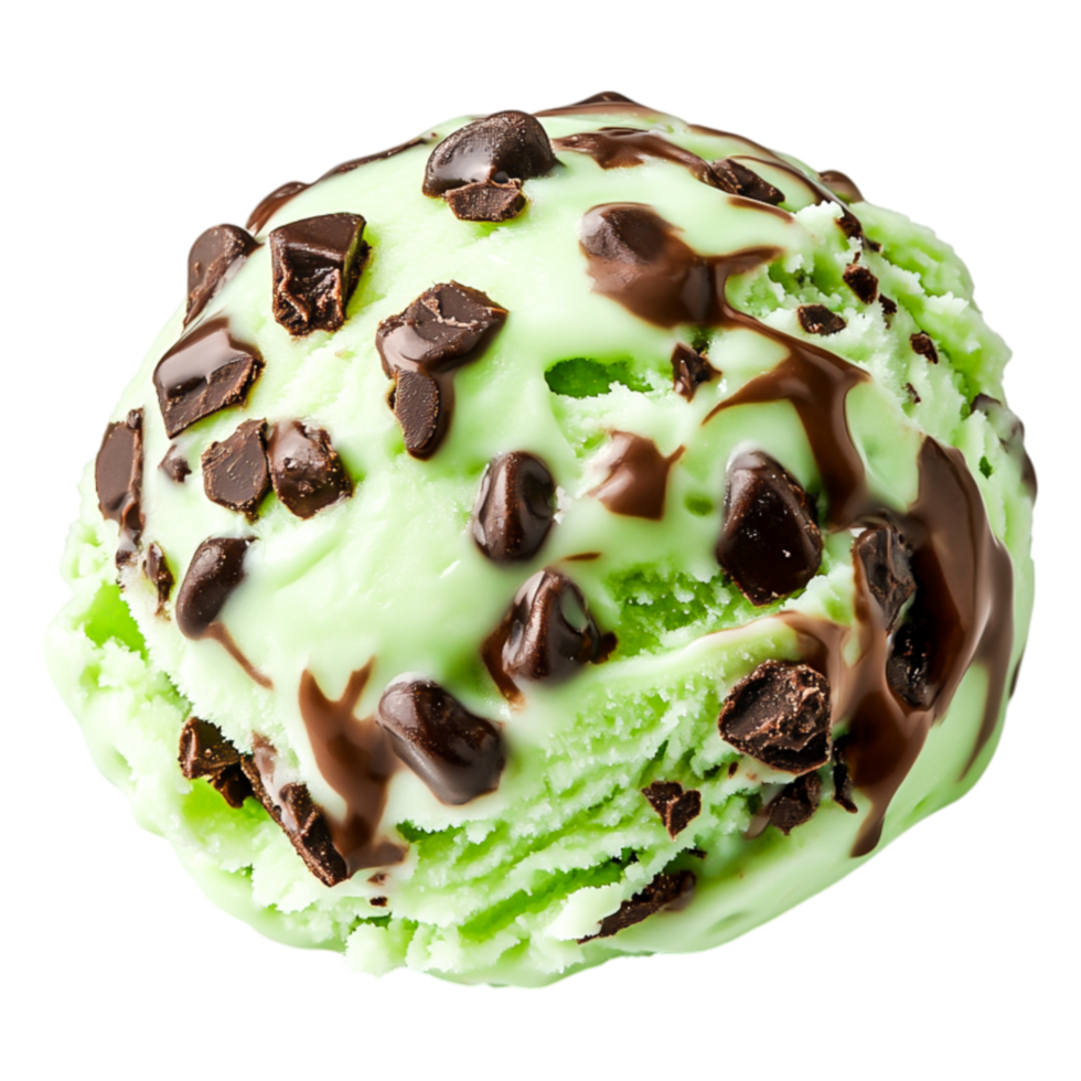 Mint Chocolate Chip Ice Cream Scoop with Chocolate Chips and Drizzle png