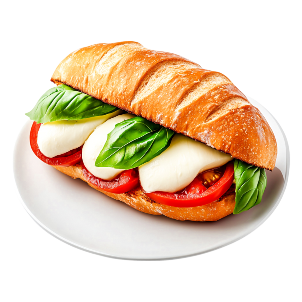Freshly Made Sandwich with Mozzarella, Tomatoes, and Basil on Plate png