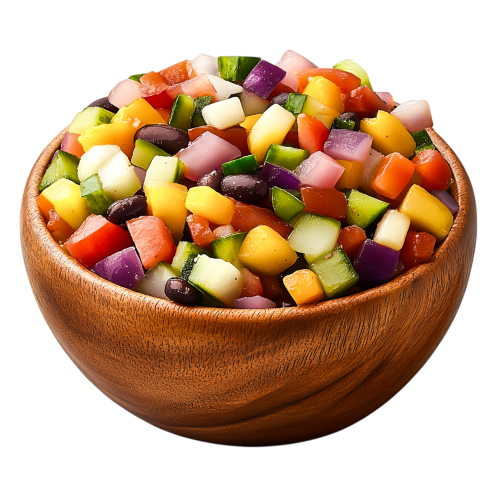 Colorful Chopped Vegetable Salad in a Wooden Bowl png