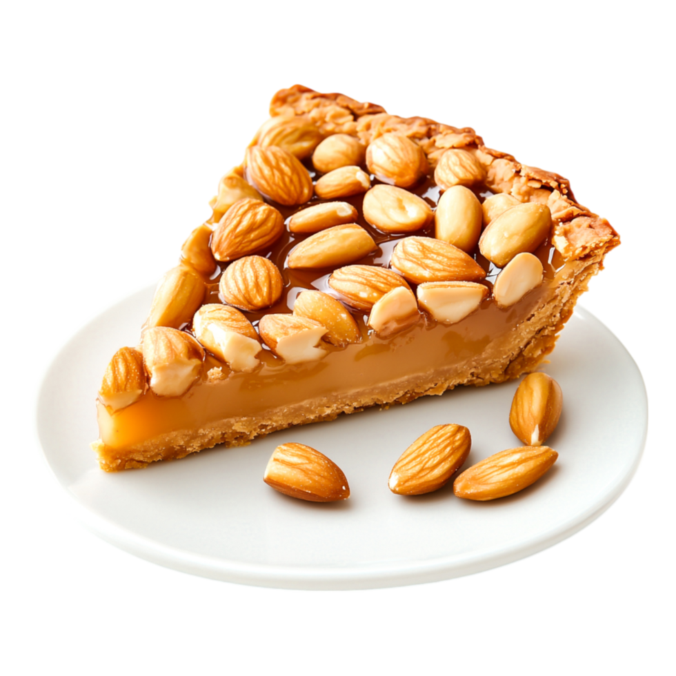 Delicious Slice of Nut Tart with Caramel and Almonds on White Plate png
