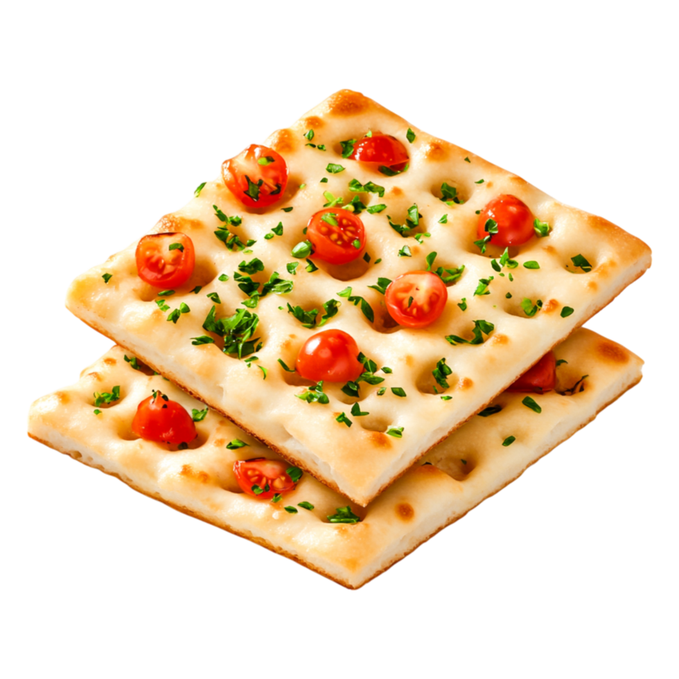 Freshly Baked Flatbread with Cherry Tomatoes and Fresh Herbs Garnish png