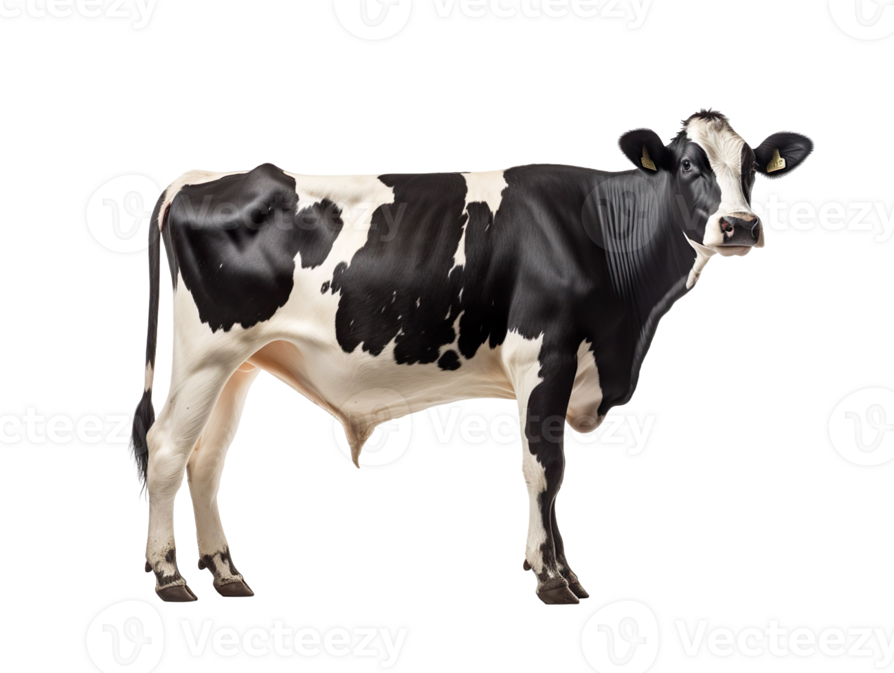 A black and white cow is standing isolated on transparent background png