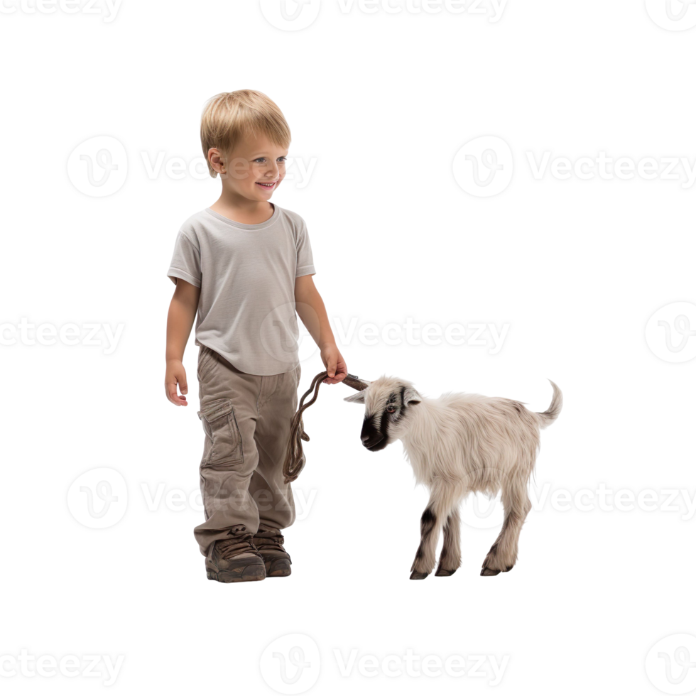A boy walking with goat isolated on transparent background png