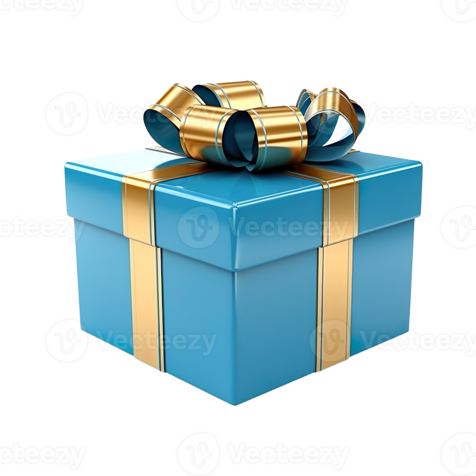 3d blue gift box with golden ribbon isolated on transparent background png