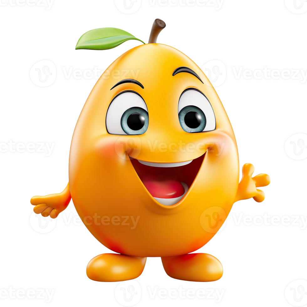 3D cartoon mango with a big smiling face isolated on transparent background png