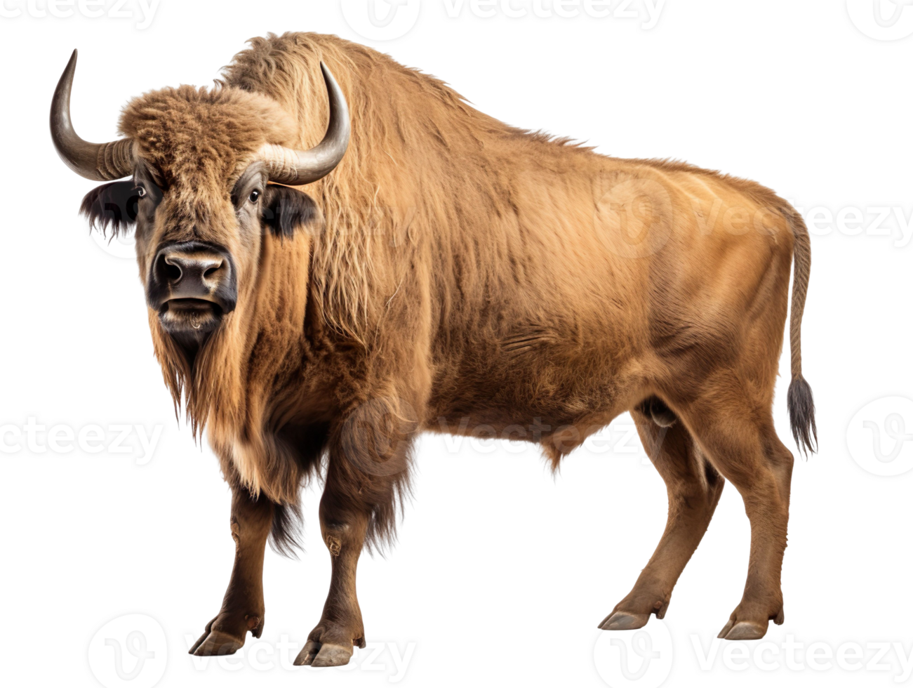 A buffalo with horns standing isolated on transparent background png